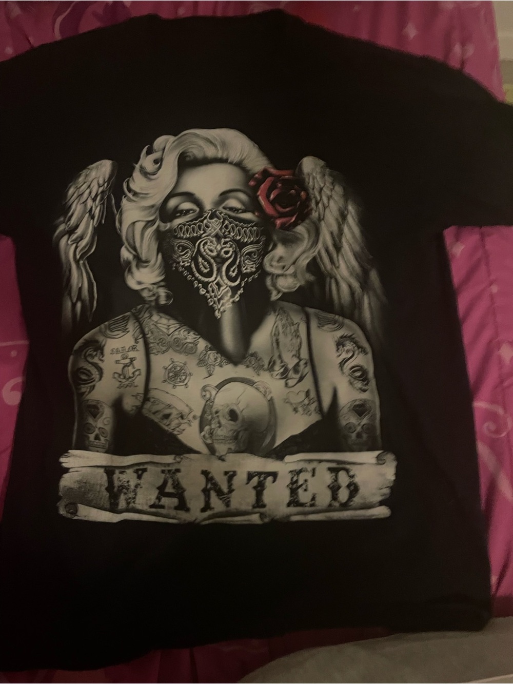 Black 'Wanted' Graphic Short-Sleeve Kids Tee with Rose Accent